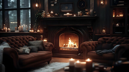 Fototapeta premium Cozy Living Room Creates Warm Ambiance with Fireplace and Candles Glowing Softly