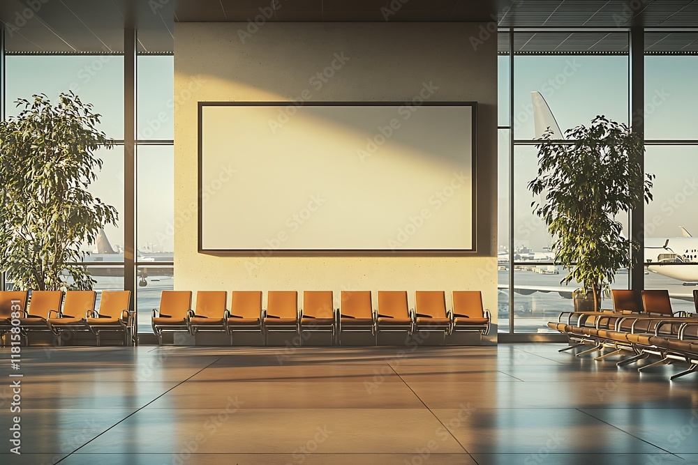 Poster Modern Airport Lounge with Large Window and Empty Seats in Sunrise Light : Generative AI