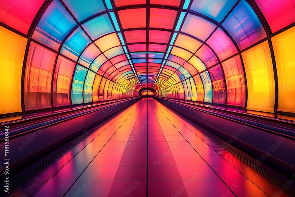 Poster colorful futuristic tunnel with neon lights for memorable visual journey and adventure : generative 
