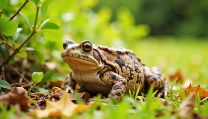 Obraz premium Cane toad resting in greenery during high noon, wildlife observation