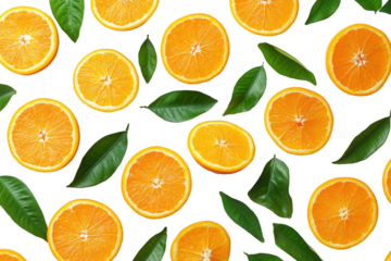 Fresh orange slices and green leaves seamless pattern, vibrant citrus fruit background for healthy food concepts and summer designs isolated on transparent background