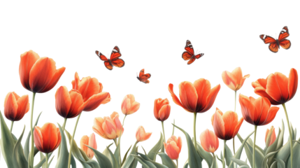 Beautiful blooming red tulips with green leaves and monarch butterflies flying in spring meadow, nature-inspired floral scene, vibrant petals isolated on transparent background.