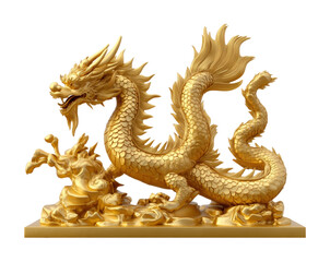 Majestic golden Chinese dragon statue capturing cultural significance and artistic craftsmanship. Isolated on transparent background, png.