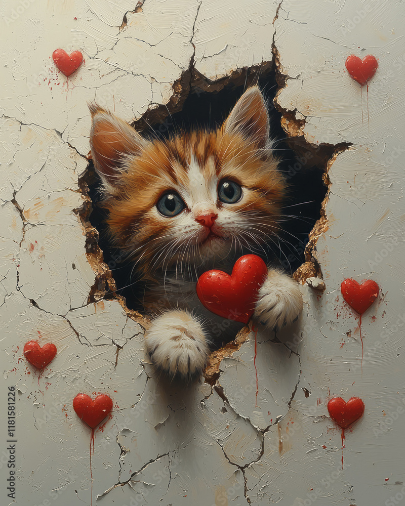Poster A playful image of a kitten with a red heart, bursting through a cracked surface with scattered heart shapes, placed on a minimalistic plain background,,