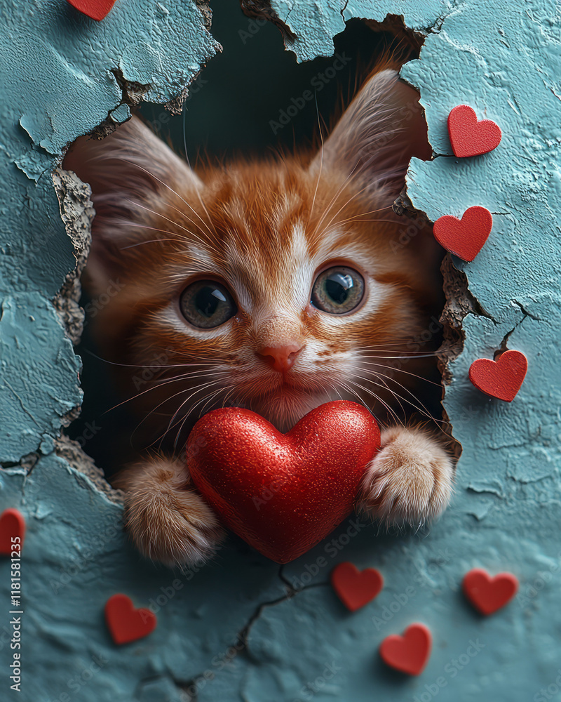 Poster A playful image of a kitten with a red heart, bursting through a cracked surface with scattered heart shapes, placed on a minimalistic plain background,,