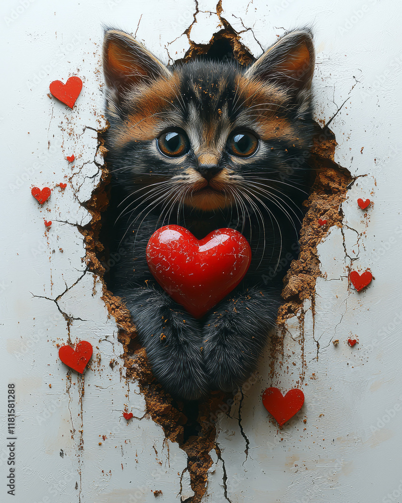 Poster A playful image of a kitten with a red heart, bursting through a cracked surface with scattered heart shapes, placed on a minimalistic plain background,,