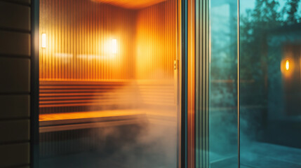 Elegante Sauna mit moderner Beleuchtung und dampfender Atmosphäre

