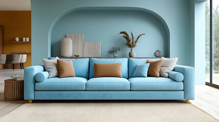 Modern Interior Design Showcases Sofa, Rug, and Arch Detail Elegantly