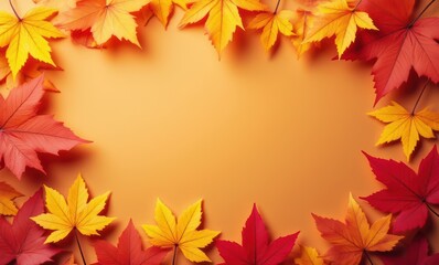 Vibrant autumn leaves on orange background
