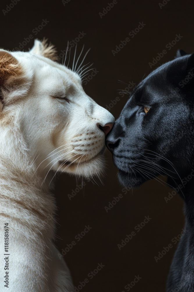 Poster a conceptual portrait of a white lioness and a black panther, symbolizing contrast and unity, isolat