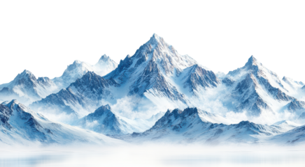 Snowy mountain peaks with misty valleys, winter landscape, majestic alpine scenery, frozen wilderness, cold weather, travel adventure, natural beauty, isolated on transparent background