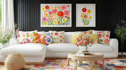 Floral Home Decor Enhances Living Room with Colorful Pillows and Artwork Beautifully