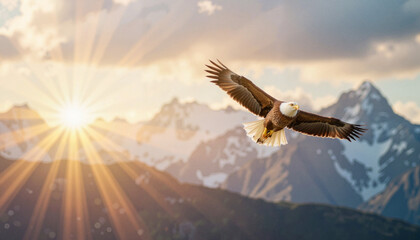 Golden eagle soaring through majestic mountains at sunrise, freedom