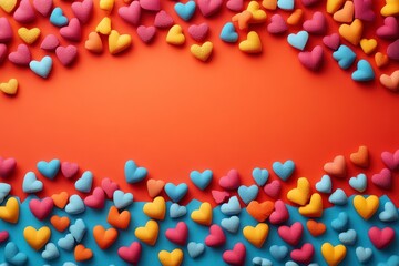 Obraz premium Bright and Colorful Heart-Shaped Candies on a Vibrant Red Background for Simple Valentine's Day Decorations