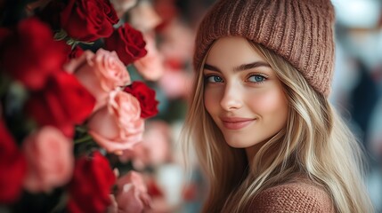 Naklejka premium Blonde woman smiles near red and pink roses.