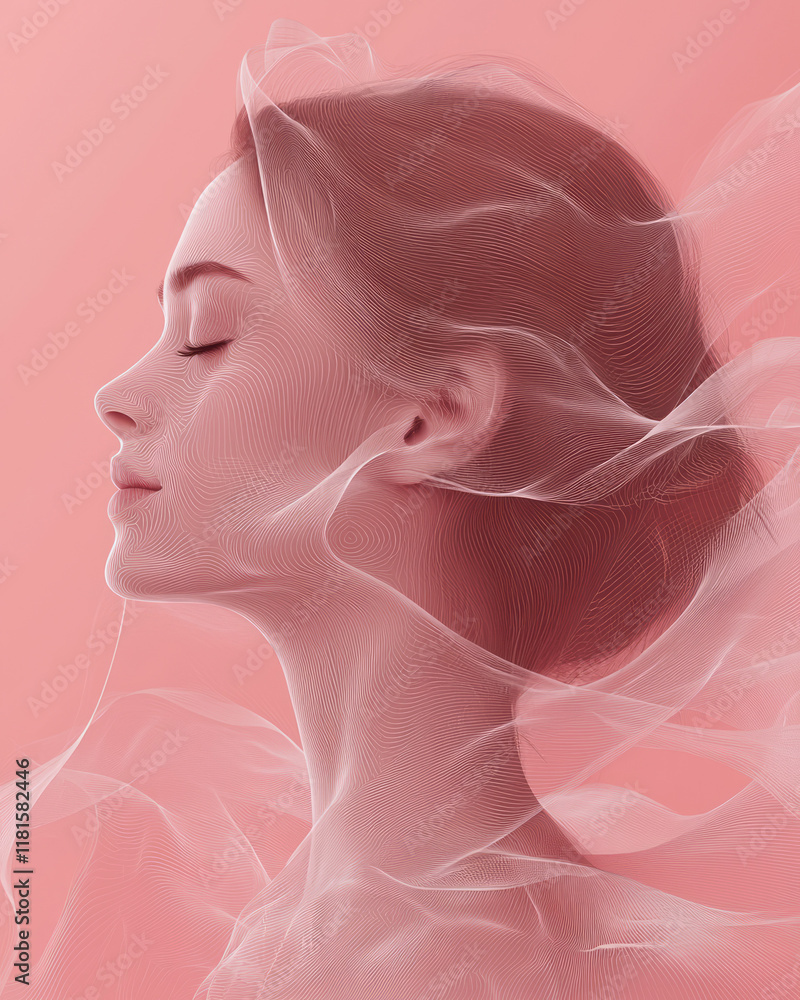 Poster an artistic representation of body positivity, featuring a woman outlined with dynamic white shapes,