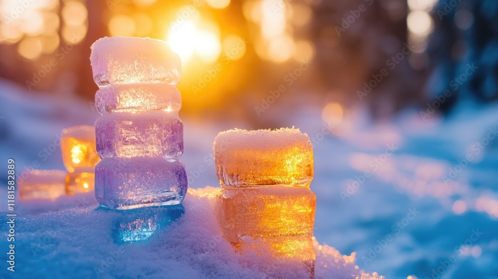 Poster a snowy landscape with neatly arranged multicolored ice stacks glistening under soft sunlight and su