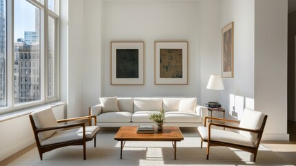 Bright and Minimalist Living Room with Modern Furniture and Abstract Artwork in a Sunlit Urban Space
