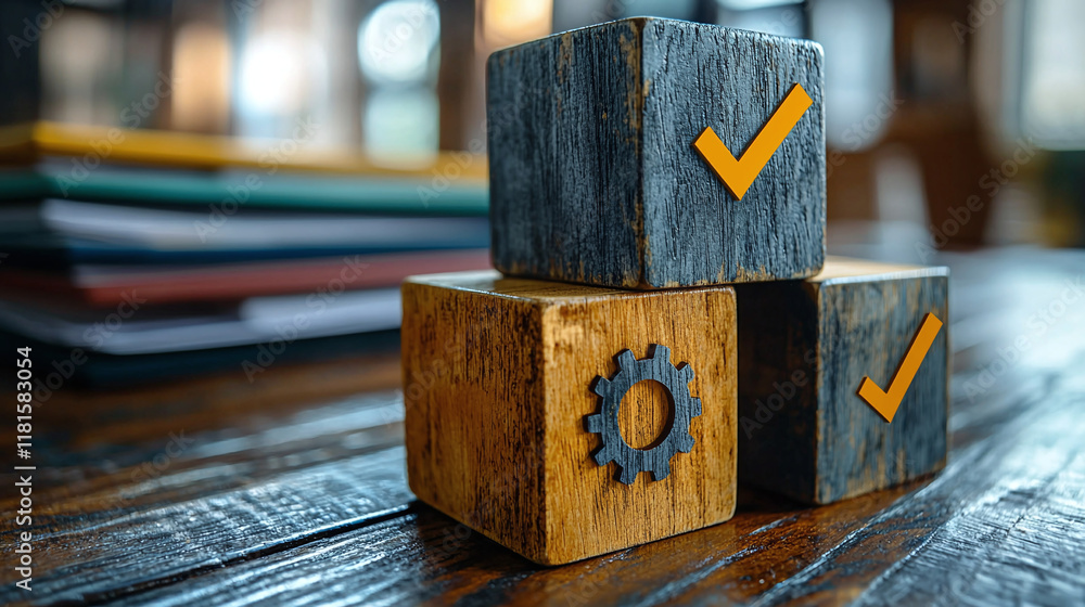 Poster three wooden cubes with symbols. the top cube has a checkmark symbol. the bottom left cube has a fol