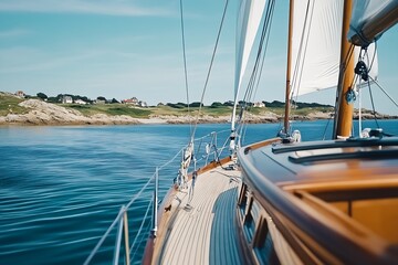 Obraz premium Luxury Wooden Deck Yacht on a Scenic Ocean Voyage with Panoramic Coastal Views : Generative AI