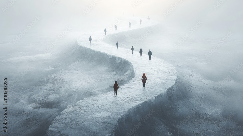 Poster A conceptual image of a forked path with a group of people walking in one direction and a single person choosing the opposite, displayed on a plain white background,,