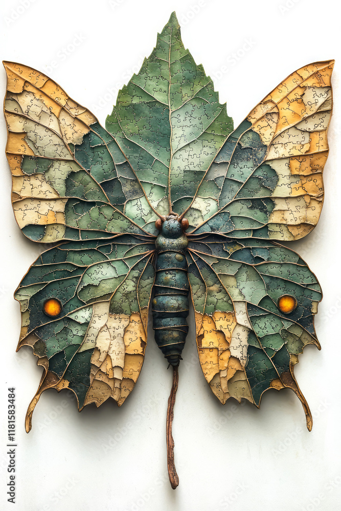 Poster a surreal depiction of a leaf with intricate puzzle cutouts, showing the transformation from caterpi