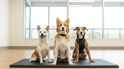 Three Dogs Sitting on Yoga Mat in Modern Studio Space with Natural Light and Bright Window Background