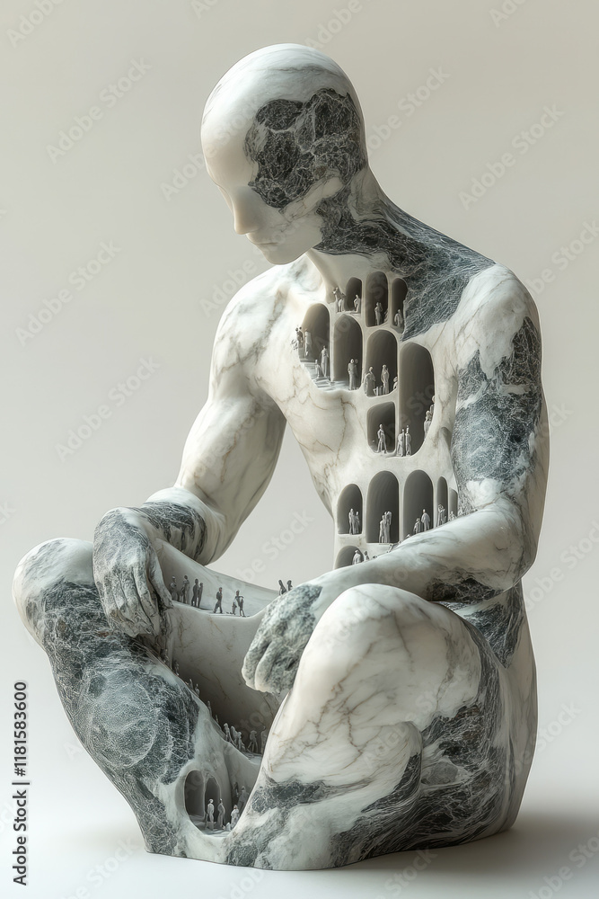 Poster an intricate artwork of a seated figure with a marble texture, revealing architectural spaces filled