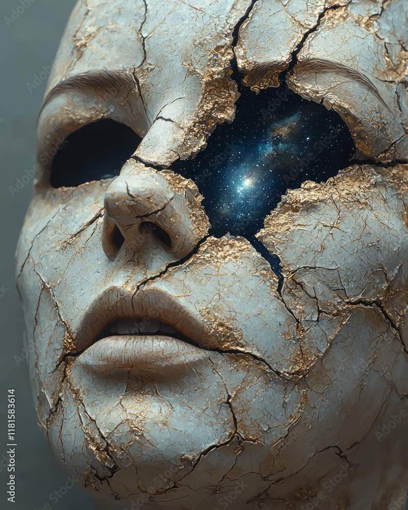 Poster an artistic depiction of a broken face mask with a cosmic universe and stars visible inside, isolate