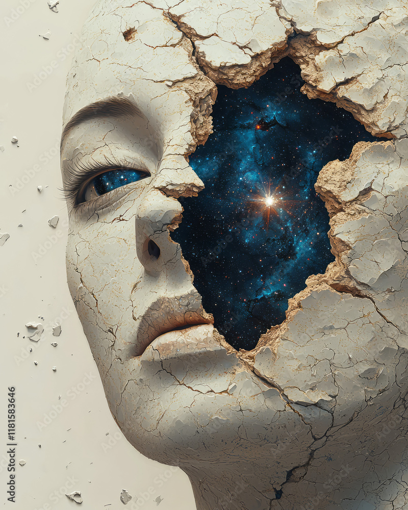 Poster an artistic depiction of a broken face mask with a cosmic universe and stars visible inside, isolate