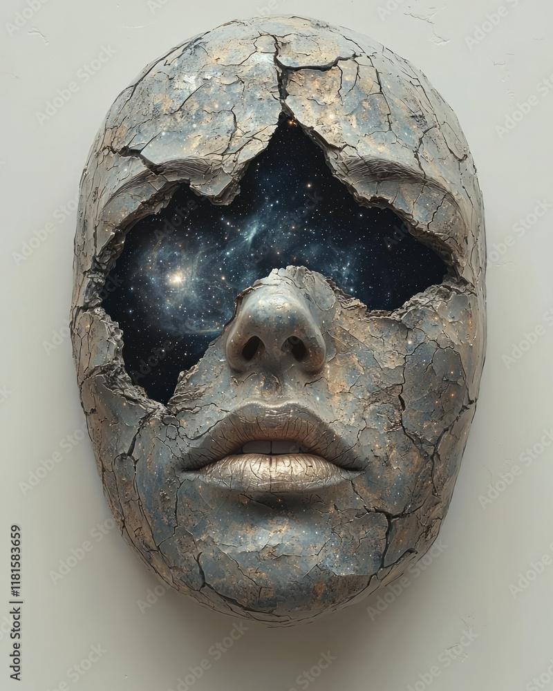Poster An artistic depiction of a broken face mask with a cosmic universe and stars visible inside, isolated on a solid light grey background,,