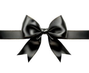Elegant black ribbon bow with a shiny finish and detailed loops, classic decorative accessory for gift wrapping or design projects isolated on transparent background