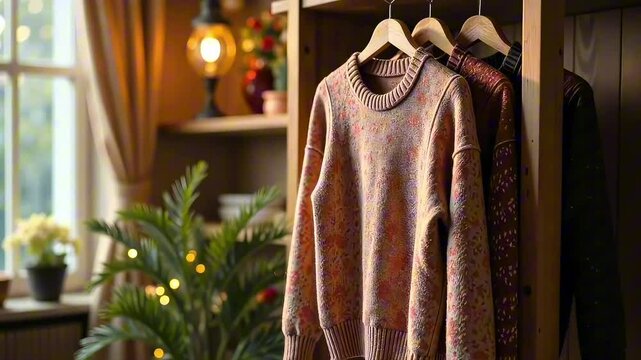 sweaters hanging on a rack in a cozy shop concept of fashion retail, winter clothing, cozy ambiance

