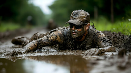 Naklejka premium Mud Crawl Challenge: Person Crawls Through Thick Mud Obstacle Course Intensely