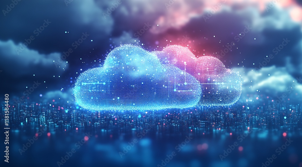 Aufkleber Digital Cloudscape with Futuristic Technology Representing Data Storage and Connectivity : Generative AI