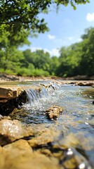 Fototapeta premium Crystal-clear stream flowing over stones.