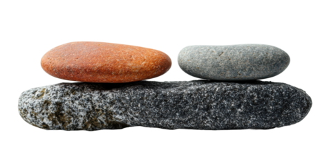 Set of smooth stones balanced on flat rock, natural harmony concept for spa, meditation, and relaxation themes isolated on transparent background