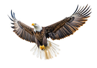 Naklejka premium Majestic bald eagle soaring with wings spread wide, detailed bird of prey in flight, symbol of freedom, strength, and wildlife isolated on transparent background