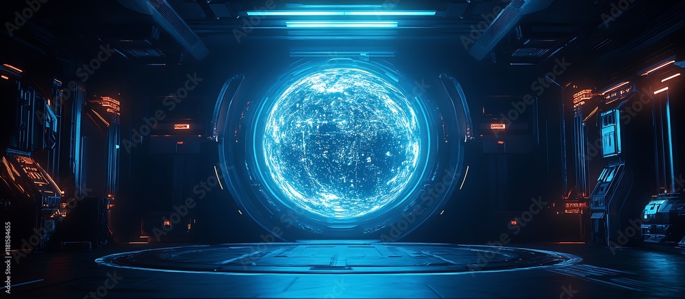 Poster futuristic scifi portal in an advanced technology environment with blue energetic sphere : generativ