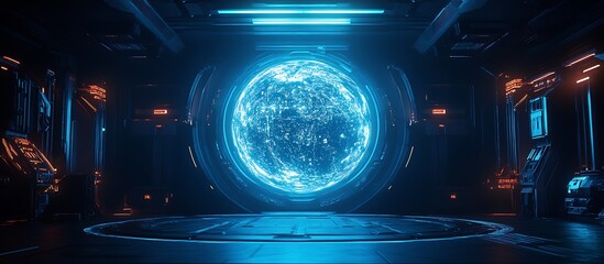 Futuristic SciFi Portal in an Advanced Technology Environment with Blue Energetic Sphere : Generative AI