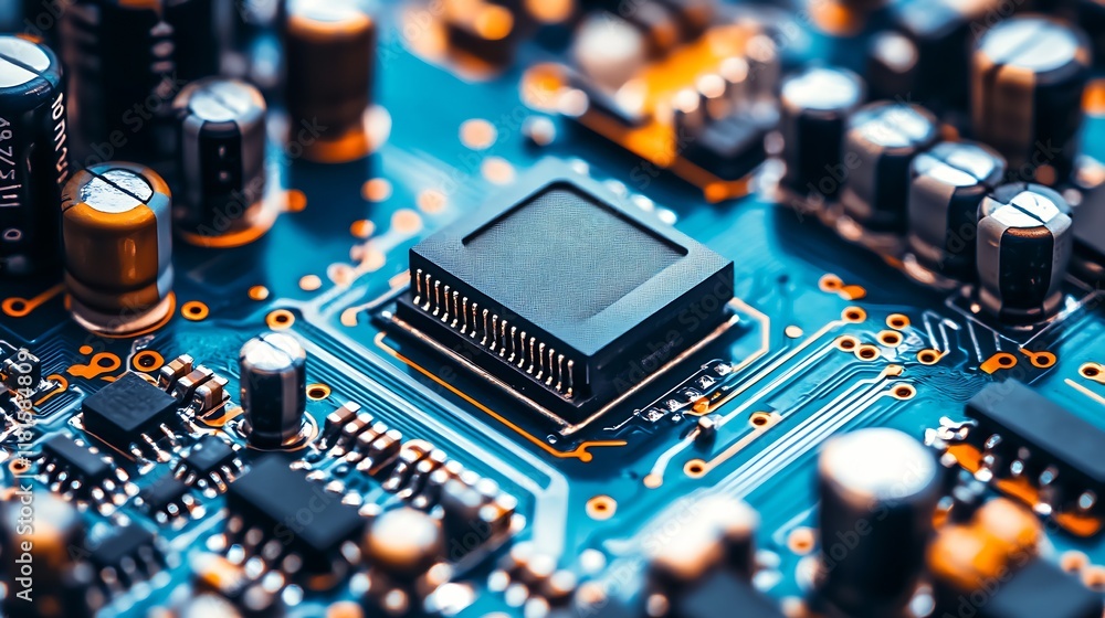 Poster modern microchip on electronic circuit board representing cutting-edge semiconductor innovation : ge