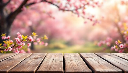 Empty wooden table in Sakura flower Park with garden bokeh background with a country outdoor theme, Template mock up for display of product