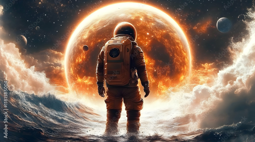 Poster astronaut explores alien ocean planet with distant planets and nebulae