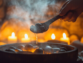 Entspannende Wellness-Szene mit Wasser und Kerzenlicht in einem Spa


