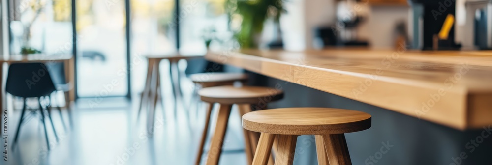 Poster empty wooden stools stand next to a long, light wooden counter in a modern kitchen, creating a warm 