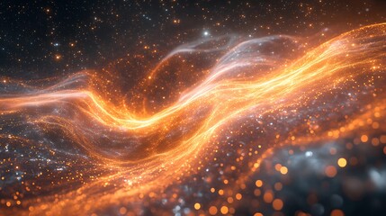 Dynamic visualization of gravitational waves rippling through space represented by glowing waves and interconnected stars