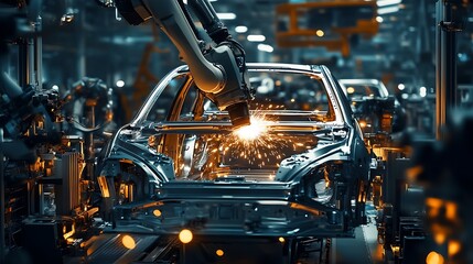 Fototapeta premium State-of-the-Art Factory with Robotic Arm Welding Car Chassis for Mass Production : Generative AI