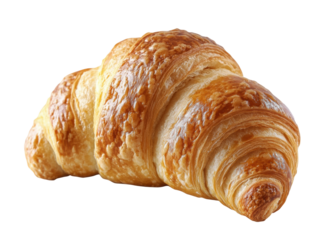 Golden flaky croissant with crisp layers, shiny buttery texture and artisanal craftsmanship, perfect French pastry for breakfast, snacks, or gourmet meals isolated on transparent background