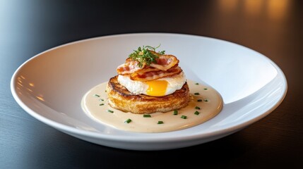 Delicious brunch plate featuring a poached egg, crispy bacon, and creamy sauce on a golden-brown base, elegantly presented on a white dish.