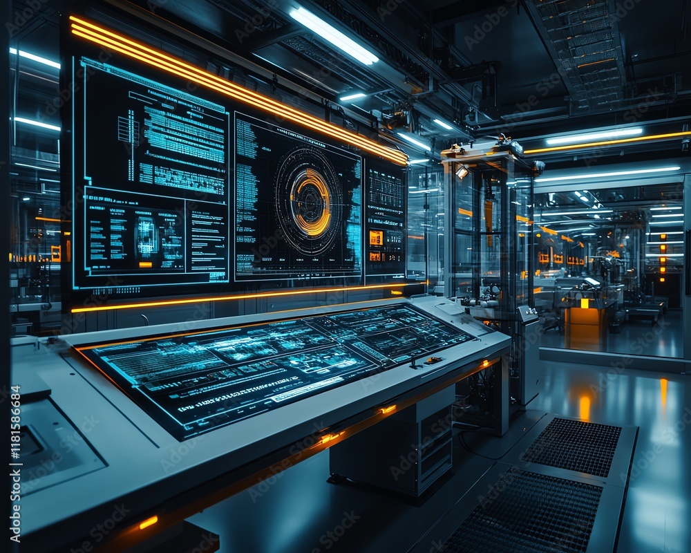 Aufkleber Advanced automated production line in a modern factory, with digital screens and futuristic technology enhancing manufacturing capabilities
